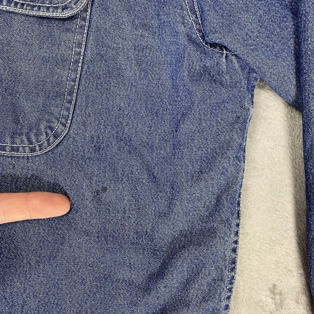Vtg Stanley Denim Shirt Jacket Mens Sz XXL Blue Plaid Fleece Lined Work Thrashed